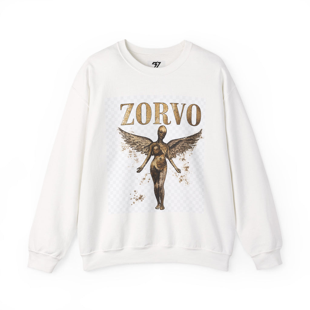 Zorvo Angel Graphic Sweatshirt — Vintage Gold Winged Figure Crewneck