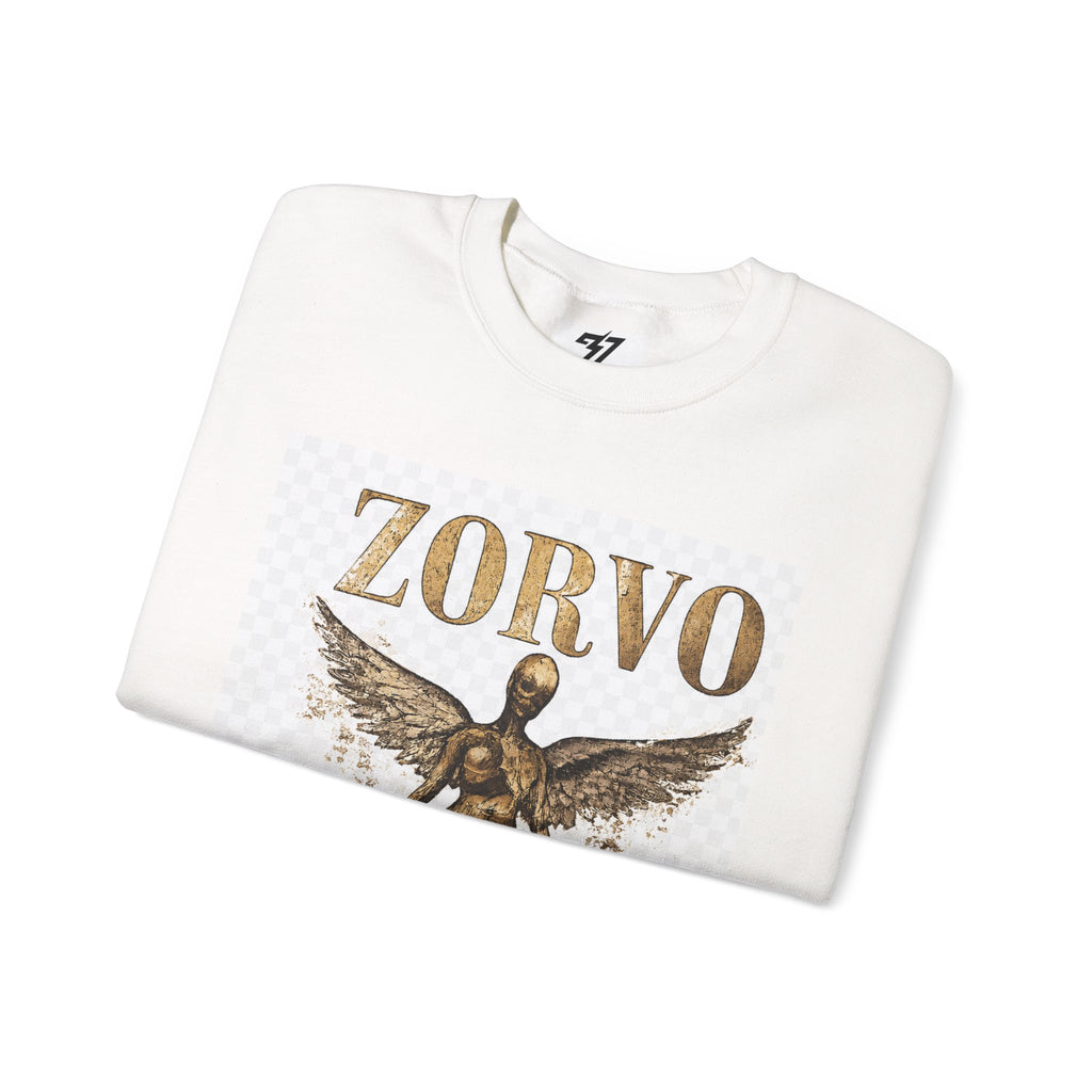Zorvo Angel Graphic Sweatshirt — Vintage Gold Winged Figure Crewneck