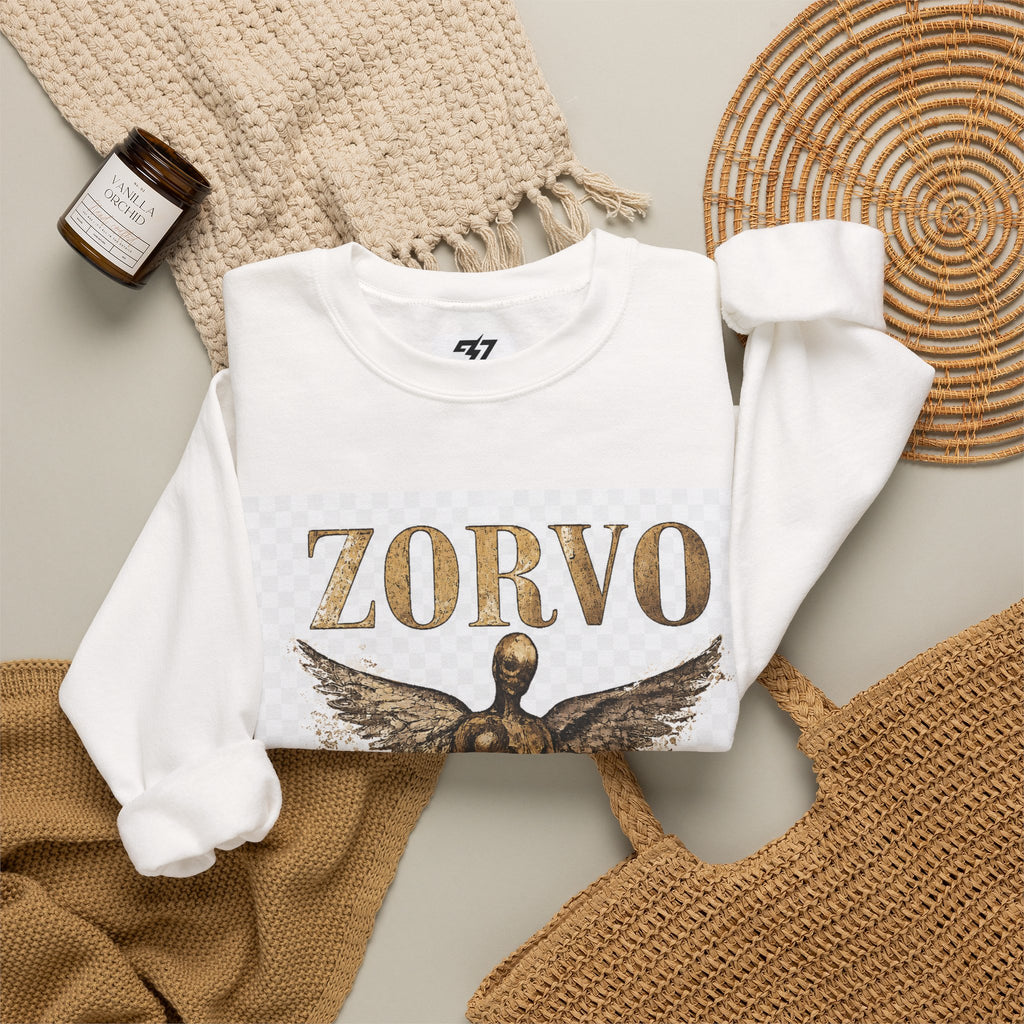 Zorvo Angel Graphic Sweatshirt — Vintage Gold Winged Figure Crewneck